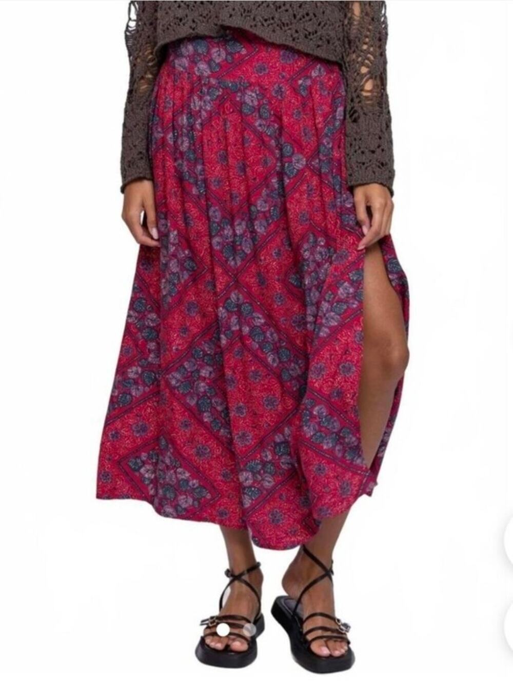 Natural Life Red Bandana Batik Addie Midi Skirt Size Small